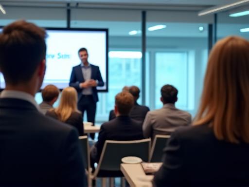 A professional trainer delivering a corporate training program to an attentive audience.