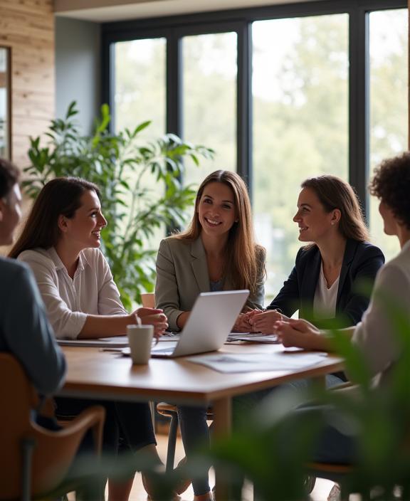 A diverse group of professionals having a collaborative and positive discussion in a meeting room with natural decor.